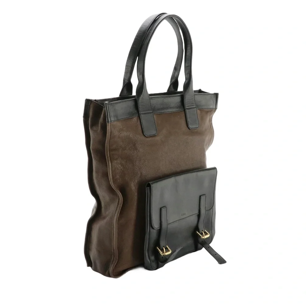 CHLOE FRONT POCKET TOTE BAG IN BROWN & BLACK LEATHER W/DETACHABLE POUCH
